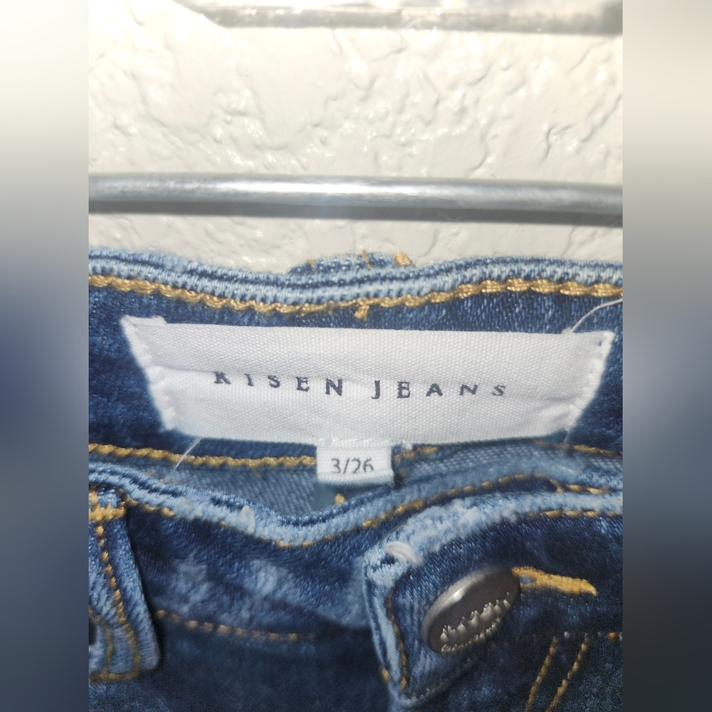 👖NWOT Risen "Vent High Rise Split Flare Jeans w/Distressing" Dark Denim Sz 3/26 - Picture 6 of 14